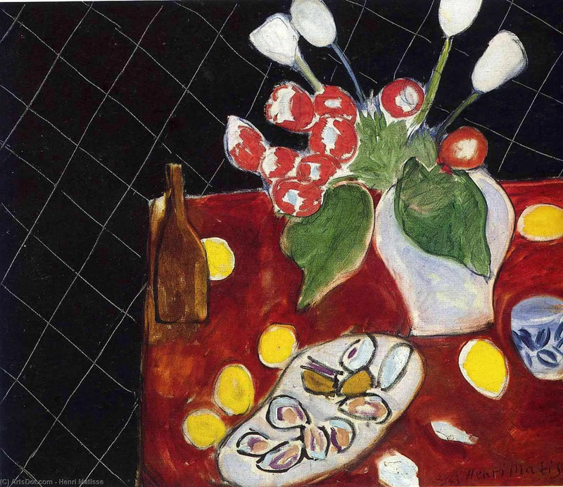 Tulipas e ostras sobre fundo preto - Henri Matisse