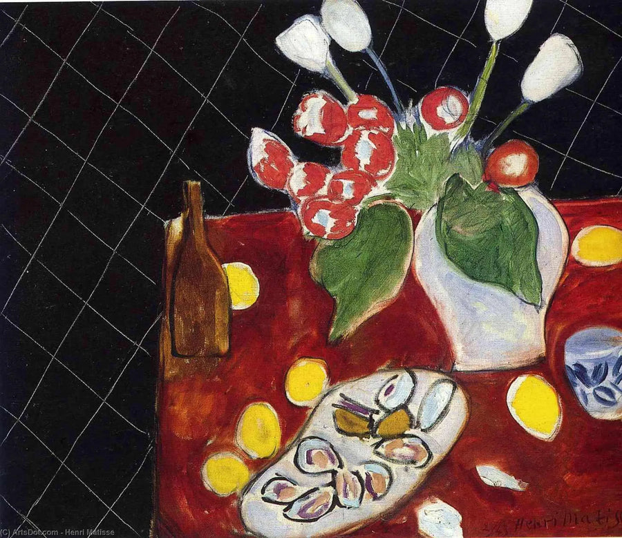 Tulipas e ostras sobre fundo preto - Henri Matisse