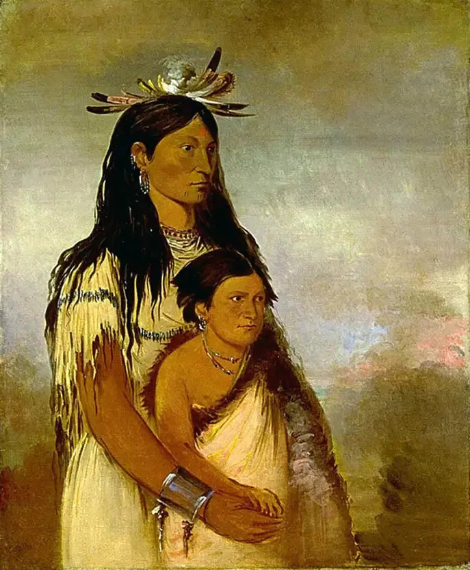 Túnk-aht-óh-ye, o Trovão, um menino, e Wun-pán-to-mee, a Doninha branca, uma menina - George Catlin