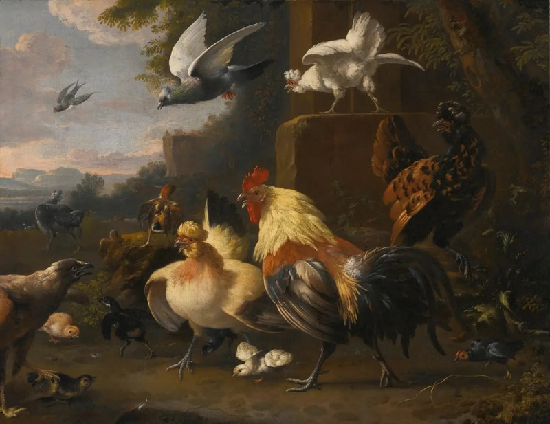 Um águia de frente para um jovem galo, galinhas, pombos em voo e outros pássaros - Melchior de Hondecoeter