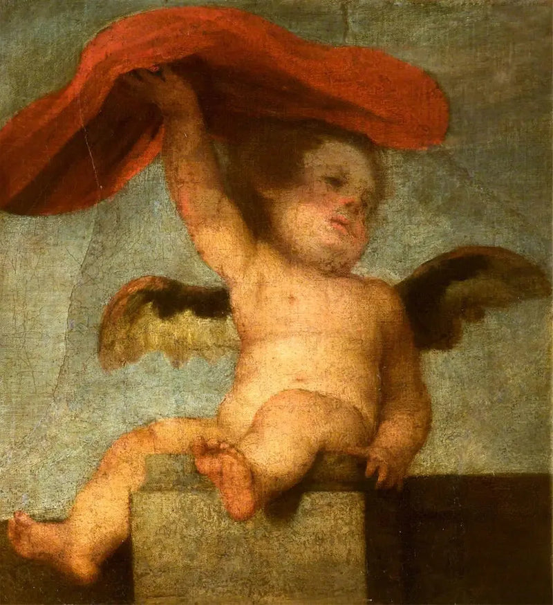 Um anjo-putto segurando algo vermelho: um fragmento - Bartolomé Esteban Murillo