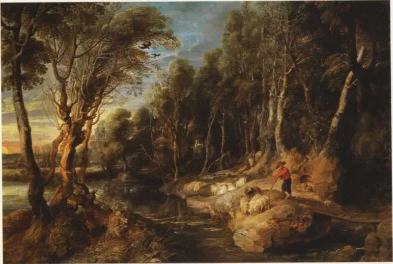 Um pastor com seu rebanho em uma paisagem arborizada - Peter Paul Rubens