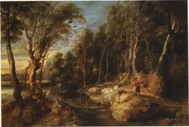 Um pastor com seu rebanho em uma paisagem arborizada - Peter Paul Rubens