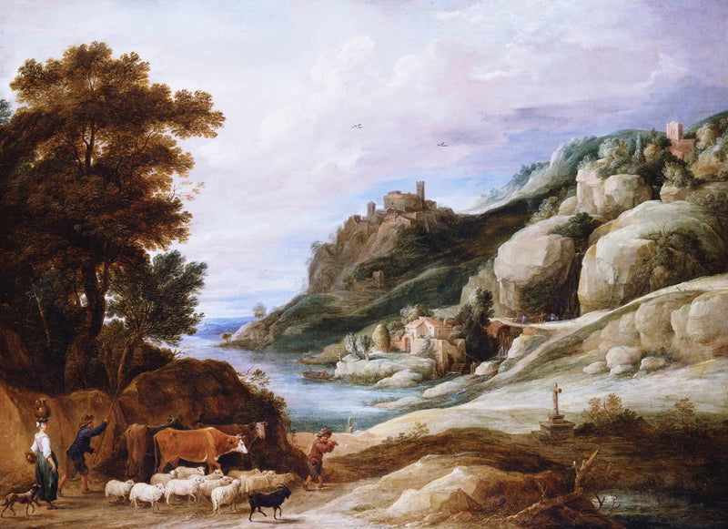 Um pastor com seu rebanho em uma paisagem montanhosa - David Teniers Júnior