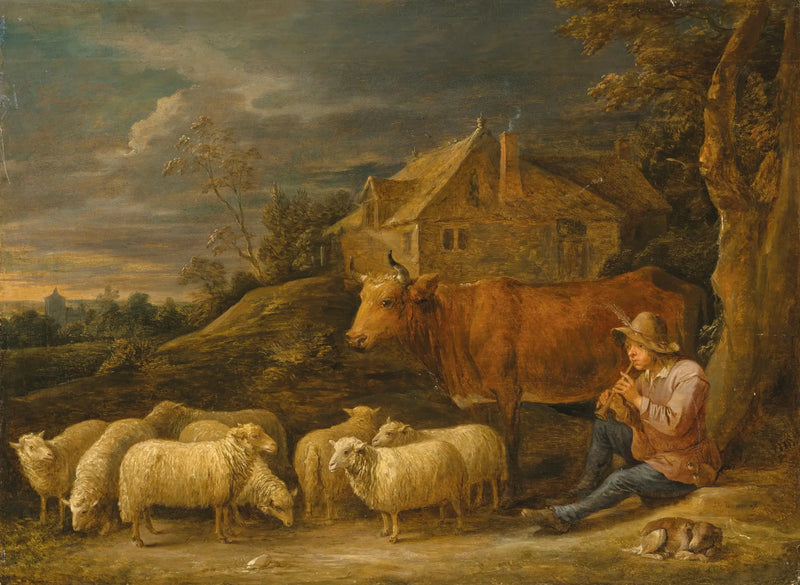 Um pastor tocando flauta para seu rebanho - David Teniers, o Jovem