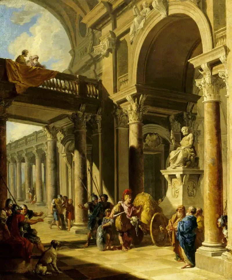 Um Capricho arquitetônico com Alexandre cortando o nó górdio - Giovanni Paolo Panini