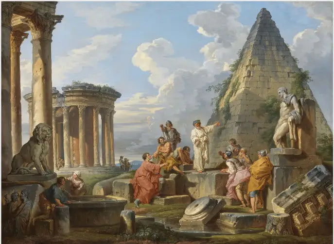 Um Capricho com São Paulo pregando aos Romanos, com o templo de Vesta e a pirâmide de Caius Cestius - Giovanni Paolo Panini