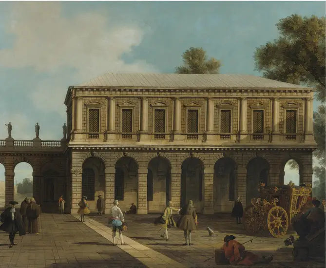 Um Capricho das prisões de San Marco localizado em uma praça com uma carruagem e habitantes da cidade - Canaletto