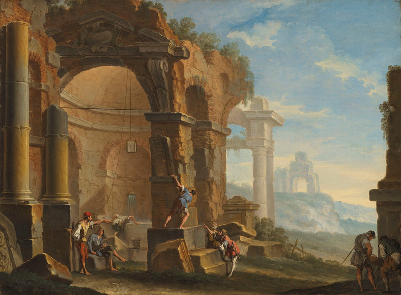Um capricho com personagens conversando perto de ruínas clássicas - Sebastiano Ricci