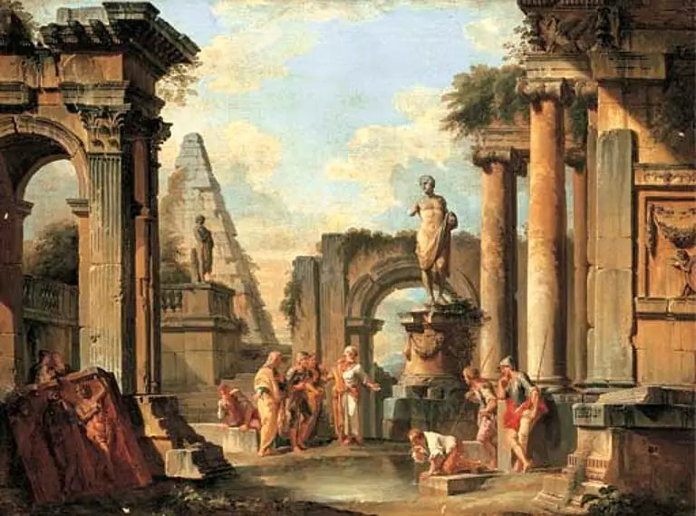 Um capricho de ruínas clássicas com Diógenes jogando seu cálice. - Giovanni Paolo Panini