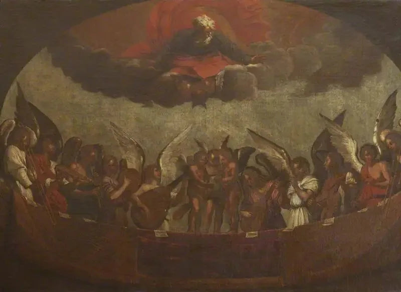 Um coral de anjos cantando e tocando instrumentos musicais com Deus Pai acima - Guido Reni