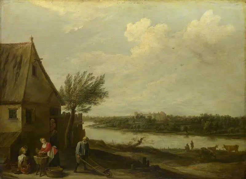 Uma cabana à beira de um rio com uma vista distante de um castelo - David Teniers o Jovem