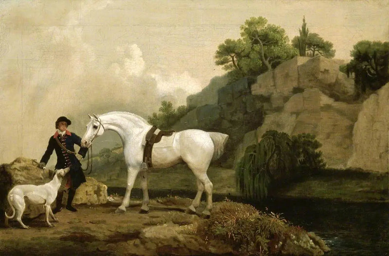 Um caçador de galgos com um tratador e um galgo em Creswell Crags - George Stubbs