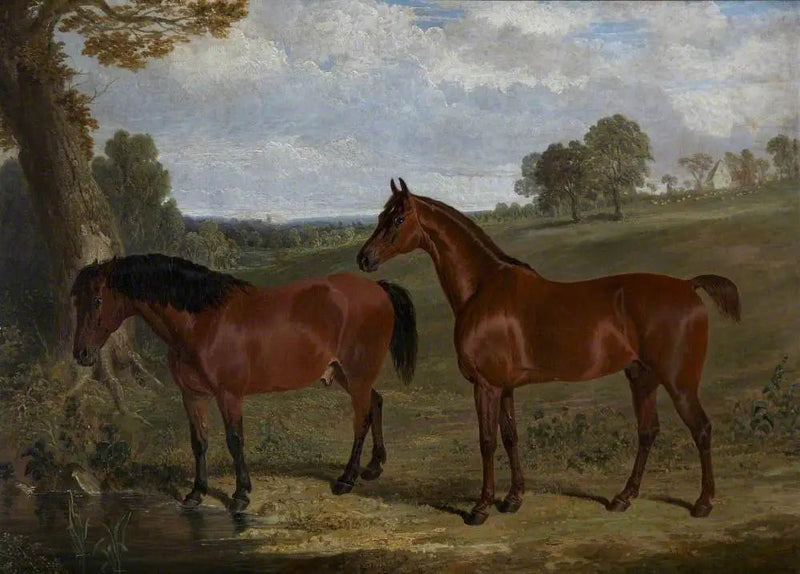 Um cavalo castanho e um pônei em uma paisagem - John Frederick Herring, Sr.