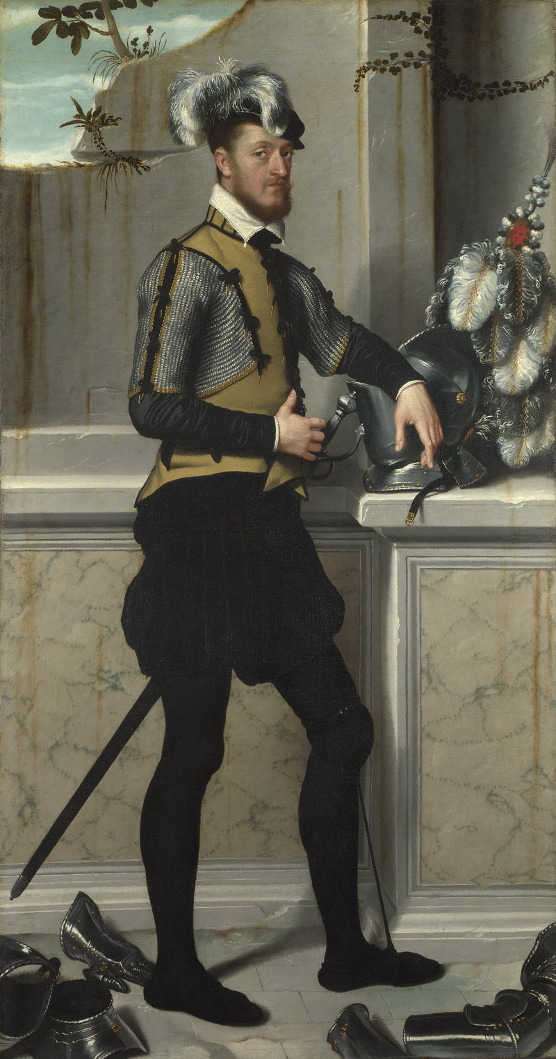Um cavaleiro com seu capacete de torneio (o conde Faustino Avogardo (?)) - Giovanni Battista Moroni