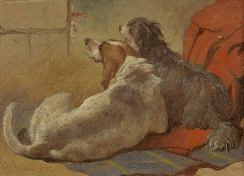 Um cão de caça e um collie barbudo sentados sobre um casaco de caça - John Frederick Herring, Sr.
