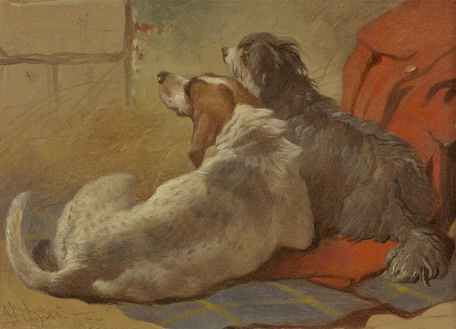 Um cão de caça e um collie barbudo sentados sobre um casaco de caça - John Frederick Herring, Sr.