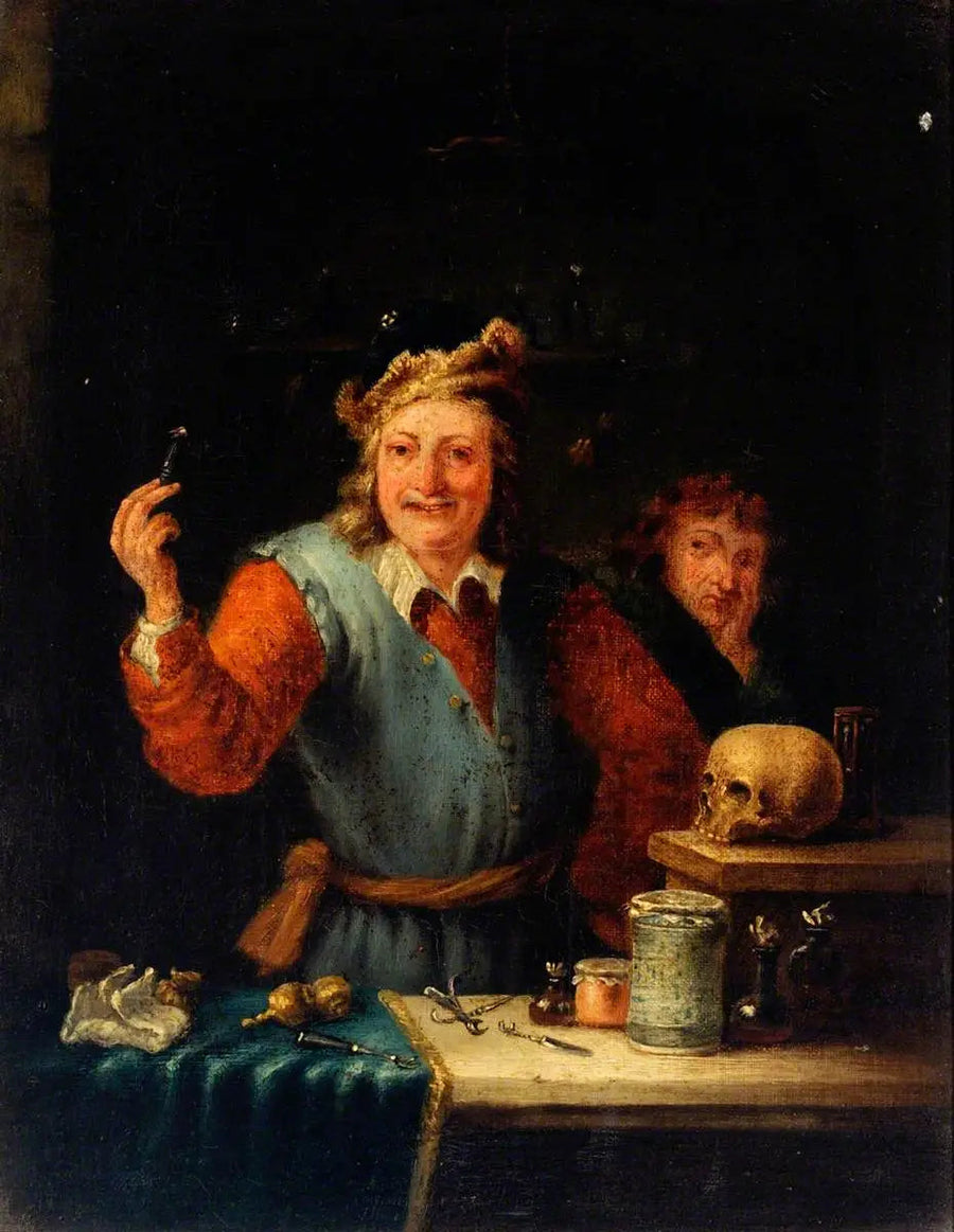 Um cirurgião mostra um dente que ele extraiu - David Teniers Júnior