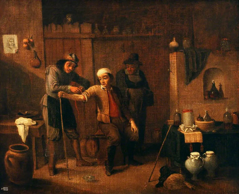 Um cirurgião amarrando um torniquete ao redor do braço de um homem - David Teniers, o Jovem
