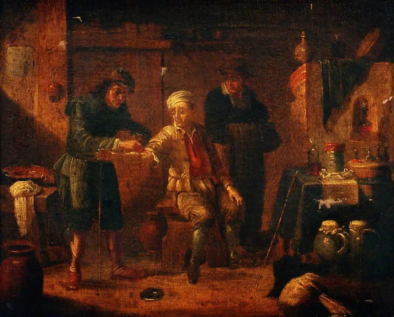 Um cirurgião coleta sangue do braço de um homem - David Teniers, o Jovem