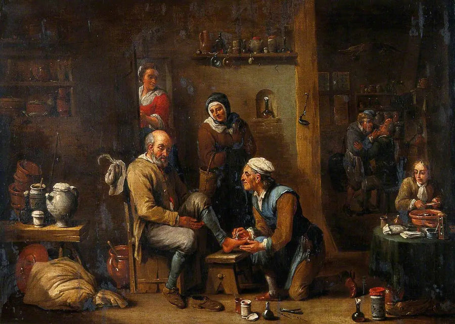 Um cirurgião cuidando do pé de um homem - David Teniers, o Jovem