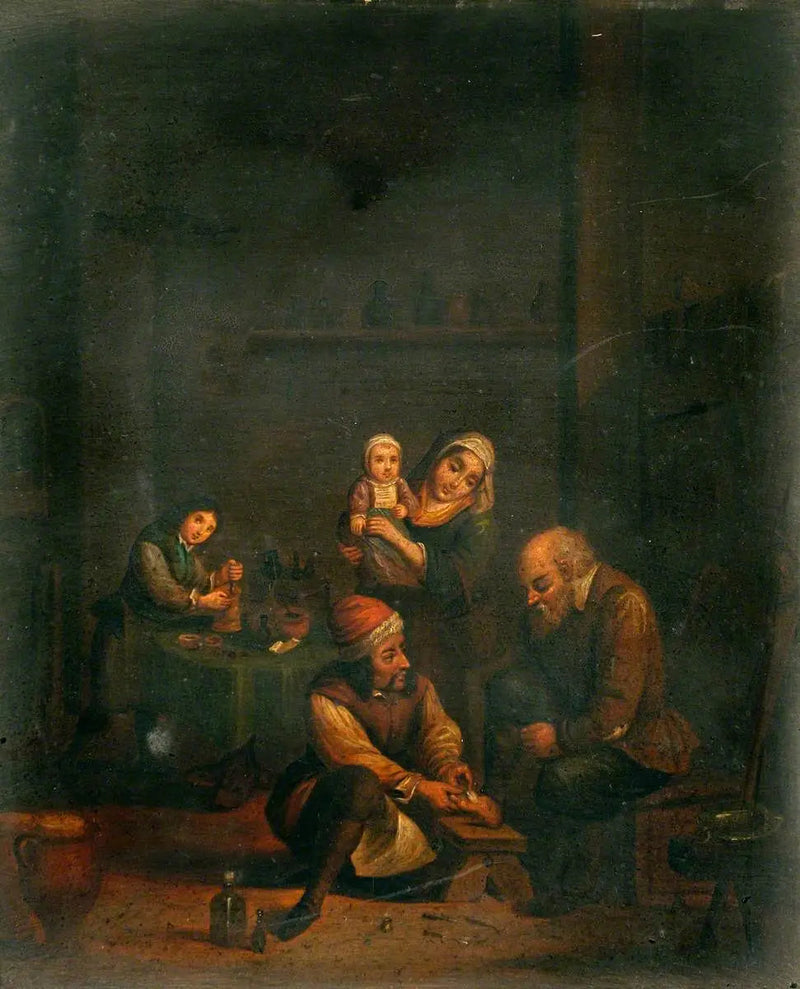 Um cirurgião cuidando do pé de um homem e três outros personagens - David Teniers, o Jovem