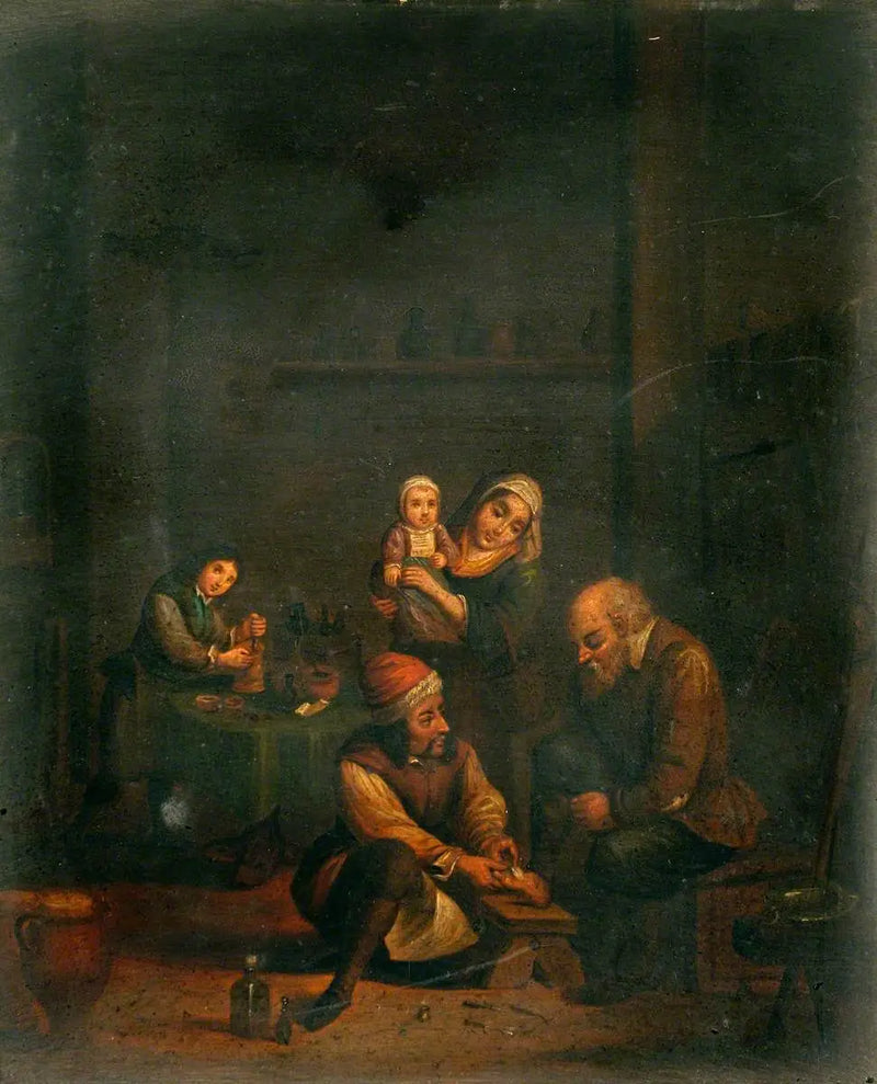 Um cirurgião cuidando do pé de um homem e três outros personagens - David Teniers, o Jovem