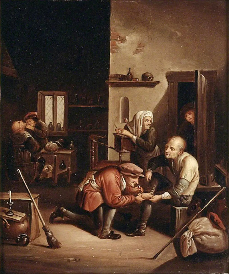 Um cirurgião cuidando do pé de um paciente e um barbeiro barbeando um homem - David Teniers o Jovem