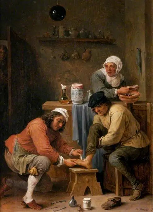 Um cirurgião cuidando do pé de um camponês - David Teniers, o Jovem