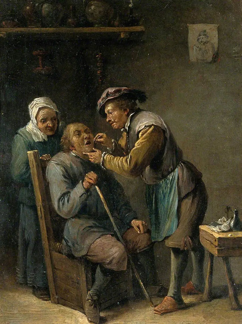 Um cirurgião cuidando dos dentes de um homem sentado - David Teniers, o Jovem