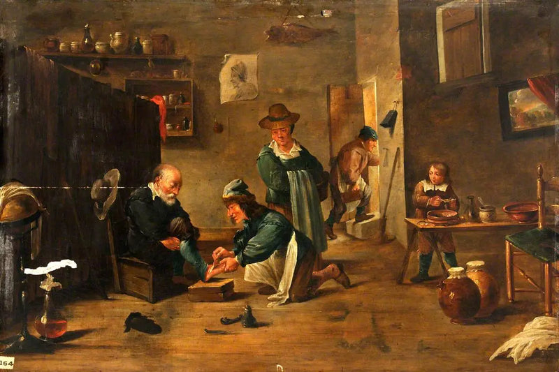 Um cirurgião cuida do pé de um homem com uma tala - David Teniers, o Jovem