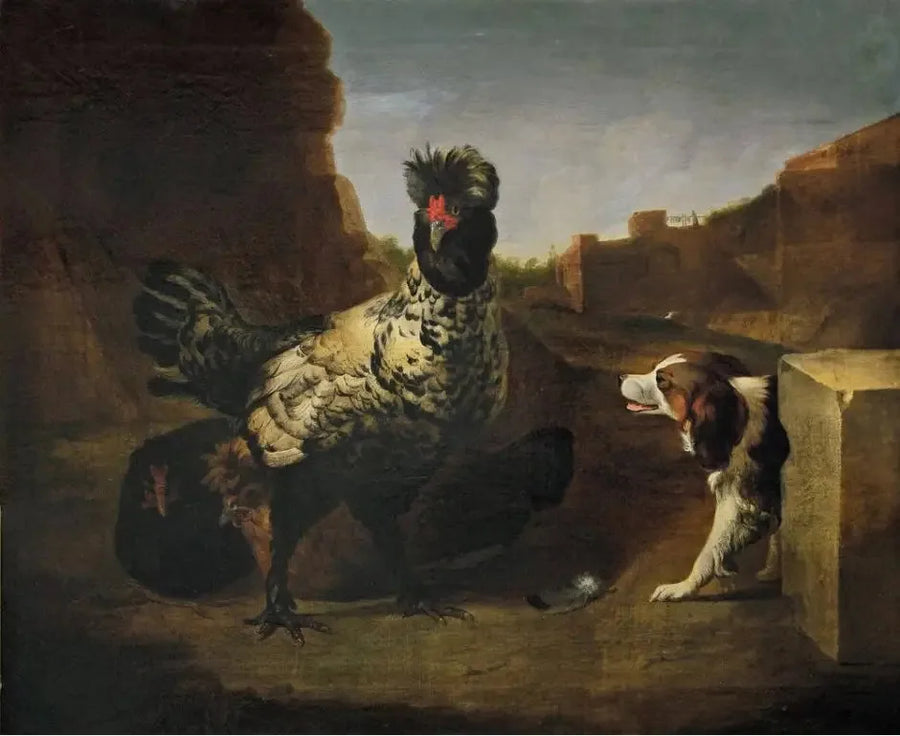 Um galo com galinhas e um cachorro - Melchior de Hondecoeter
