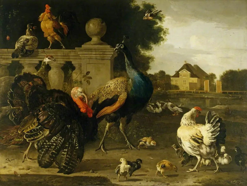 Um galo de peru e outros pássaros em um jardim - Melchior de Hondecoeter