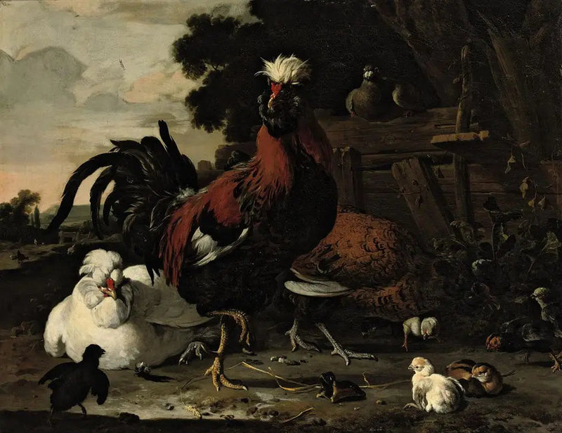 Um galo, galinhas, pintinhos e uma pomba perto de uma cerca de madeira em uma paisagem - Melchior de Hondecoeter