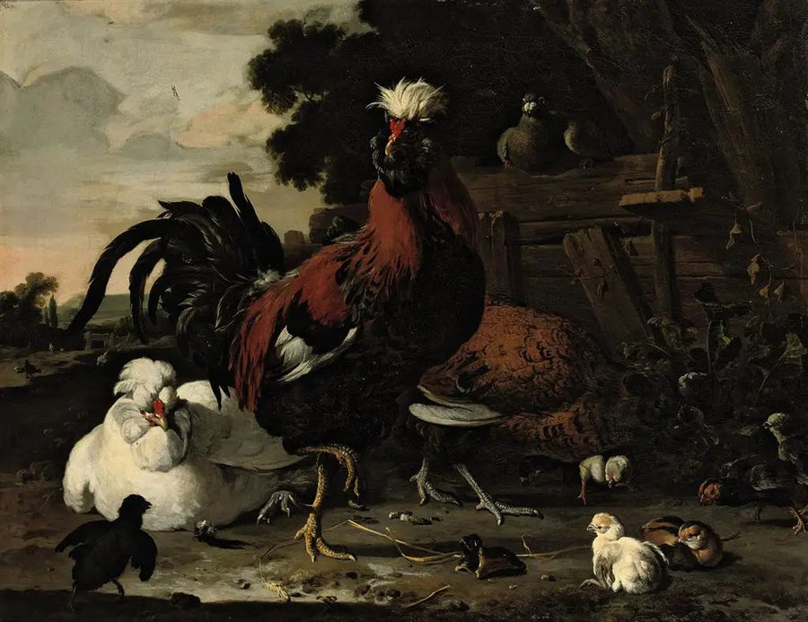 Um galo, galinhas, pintinhos e uma pomba perto de uma cerca de madeira em uma paisagem - Melchior de Hondecoeter