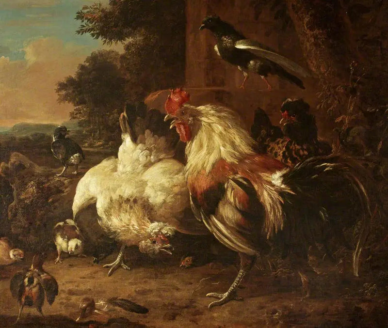 Um galo e duas galinhas, com pintinhos, em uma paisagem - Melchior de Hondecoeter