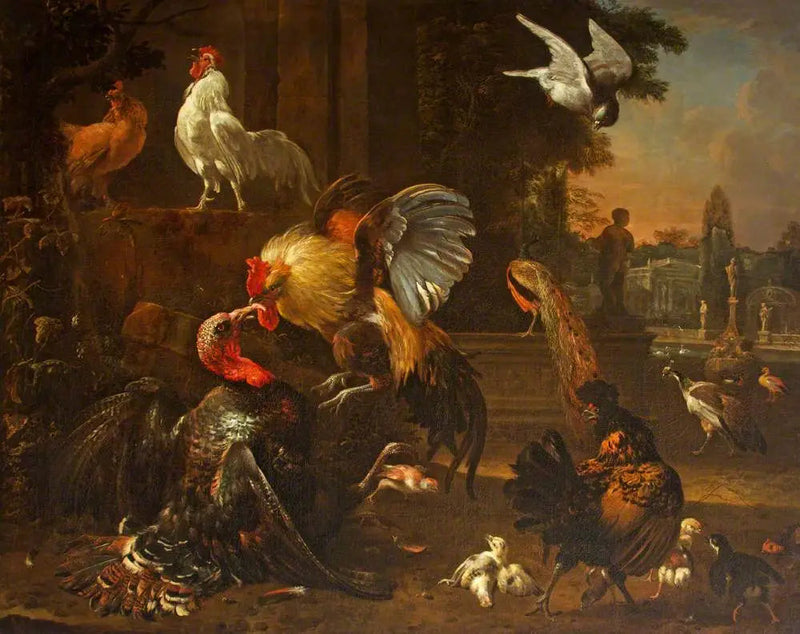 Um galo e uma peruana brigando, em um parque, com outras aves de capoeira - Melchior de Hondecoeter