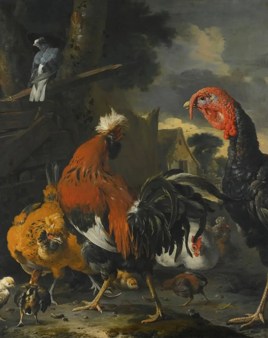 Um galo, um peru, galinhas e pintinhos em um quintal - Melchior de Hondecoeter