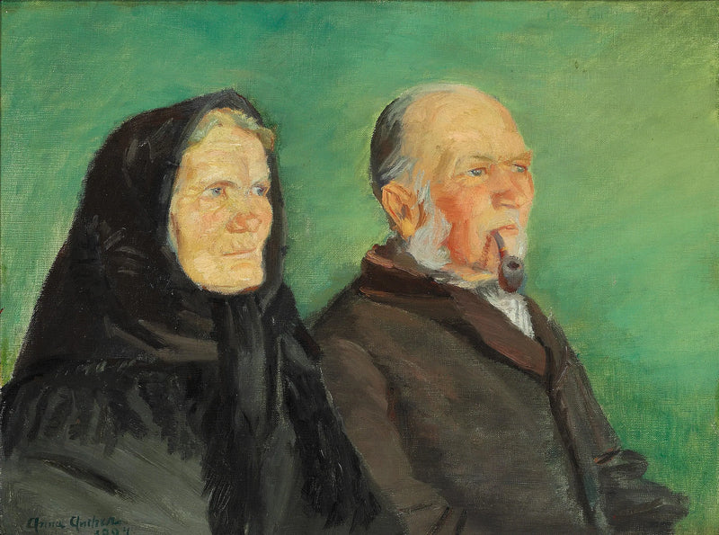Um casal de Skagen comemorando suas bodas de ouro, com fundo de vegetação. - Anna Ancher