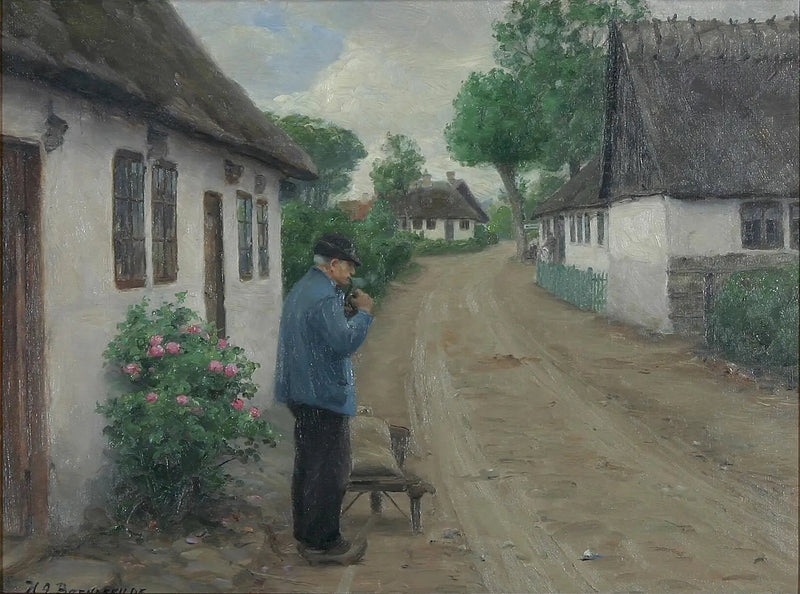 Uma cena externa com um homem a caminho do moinho. - H. A. Brendekilde