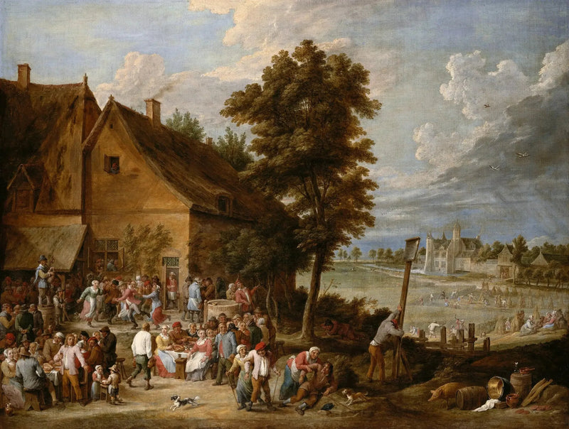 Um banquete na época das colheitas, com a casa de Drij Toren ao fundo - David Teniers, o Jovem