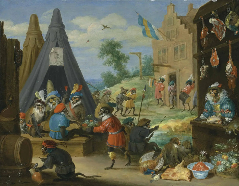 Um festival de macacos (macacos disfarçados de soldados em um acampamento perto de uma cidade) - David Teniers Júnior