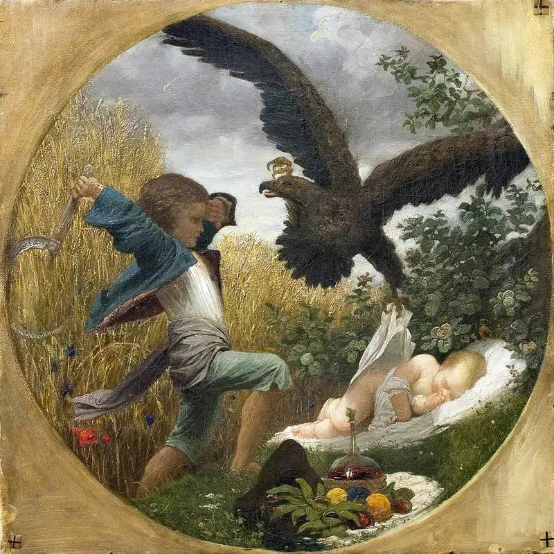 Um menino defendendo um bebê contra uma águia - Frederic Leighton