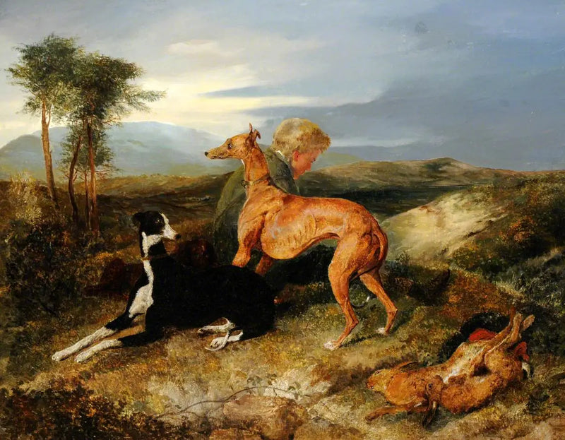 Um menino e dois galgos descansando - Edwin Henry Landseer