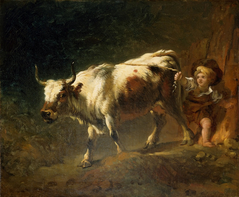 Um menino tenta segurar uma vaca com uma corda - Jean-Honoré Fragonard
