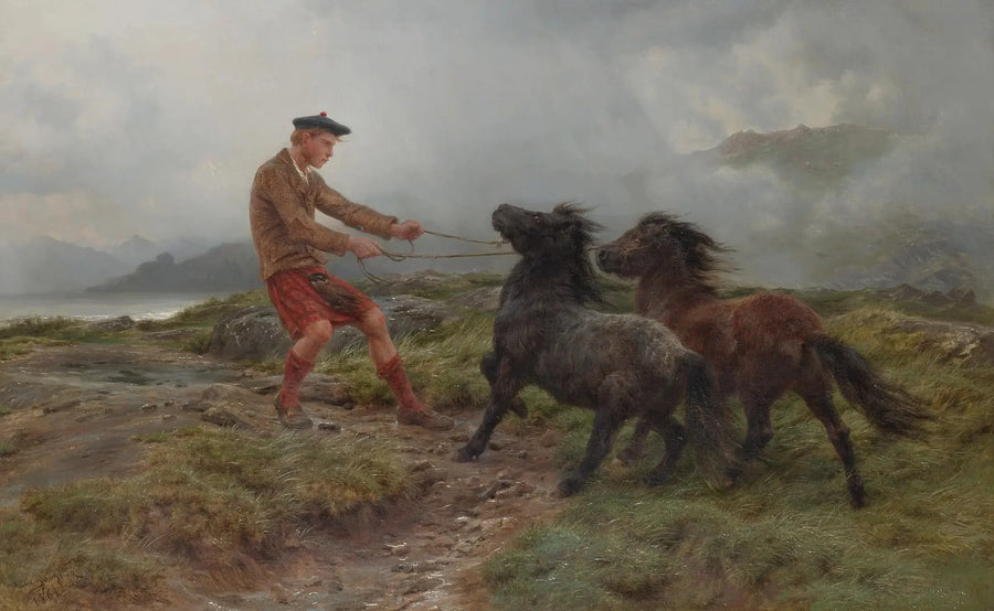 Um ghillie e dois pôneis Shetland em uma paisagem nebulosa - Rosa Bonheur