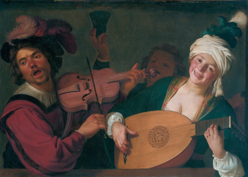 Um grupo alegre atrás de uma balaustrada com um violino e um tocador de alaúde - Gerrit van Honthorst