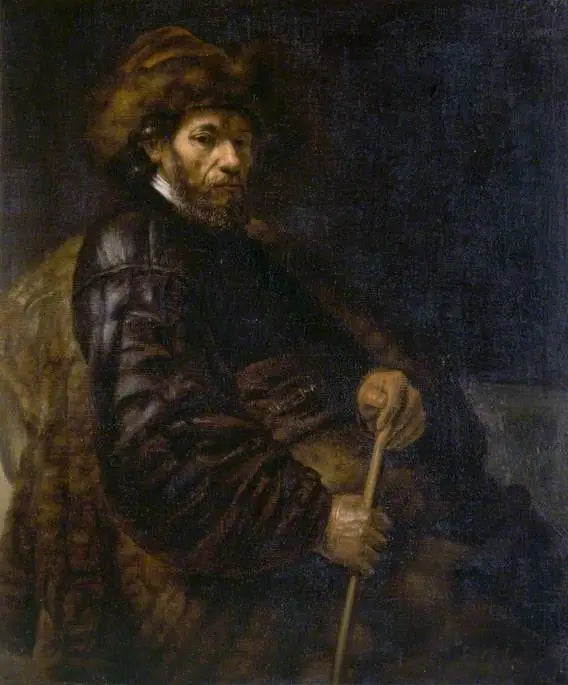 Um homem sentado com um bastão - Rembrandt