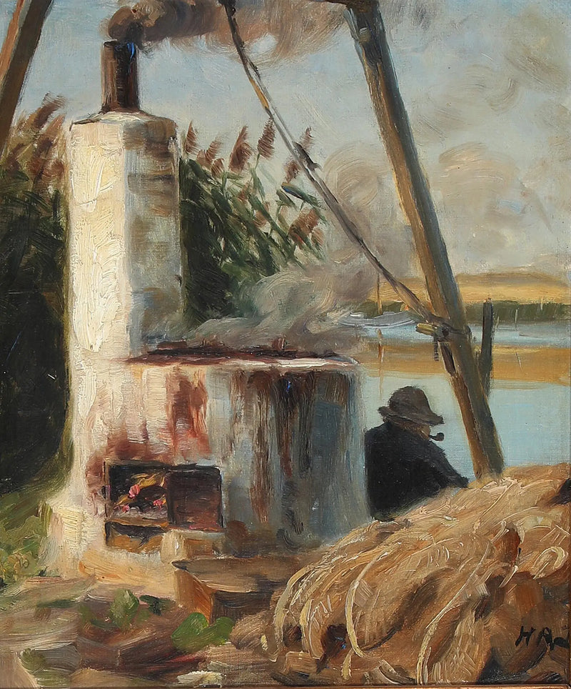 Um homem sentado diante do forno fumegante. - H. A. Brendekilde