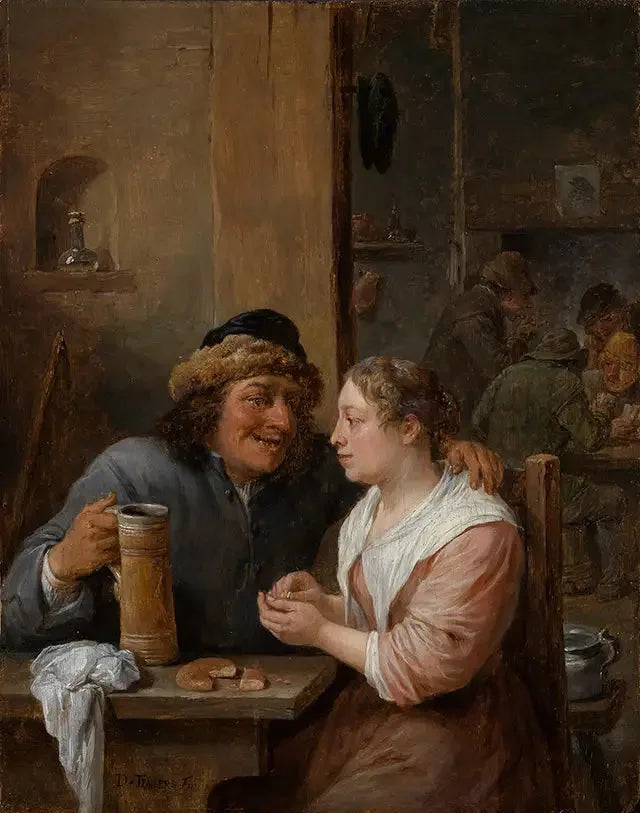 Um homem com uma caneca de cerveja e uma jovem mulher em uma taverna - David Teniers o Jovem